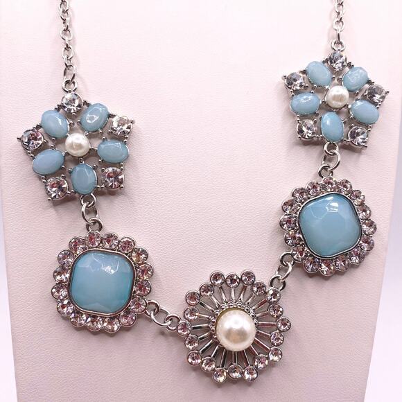 Vintage Blue Green Acrylic Stone Floral Chain Necklace Retro Style - Picture 2 of 4